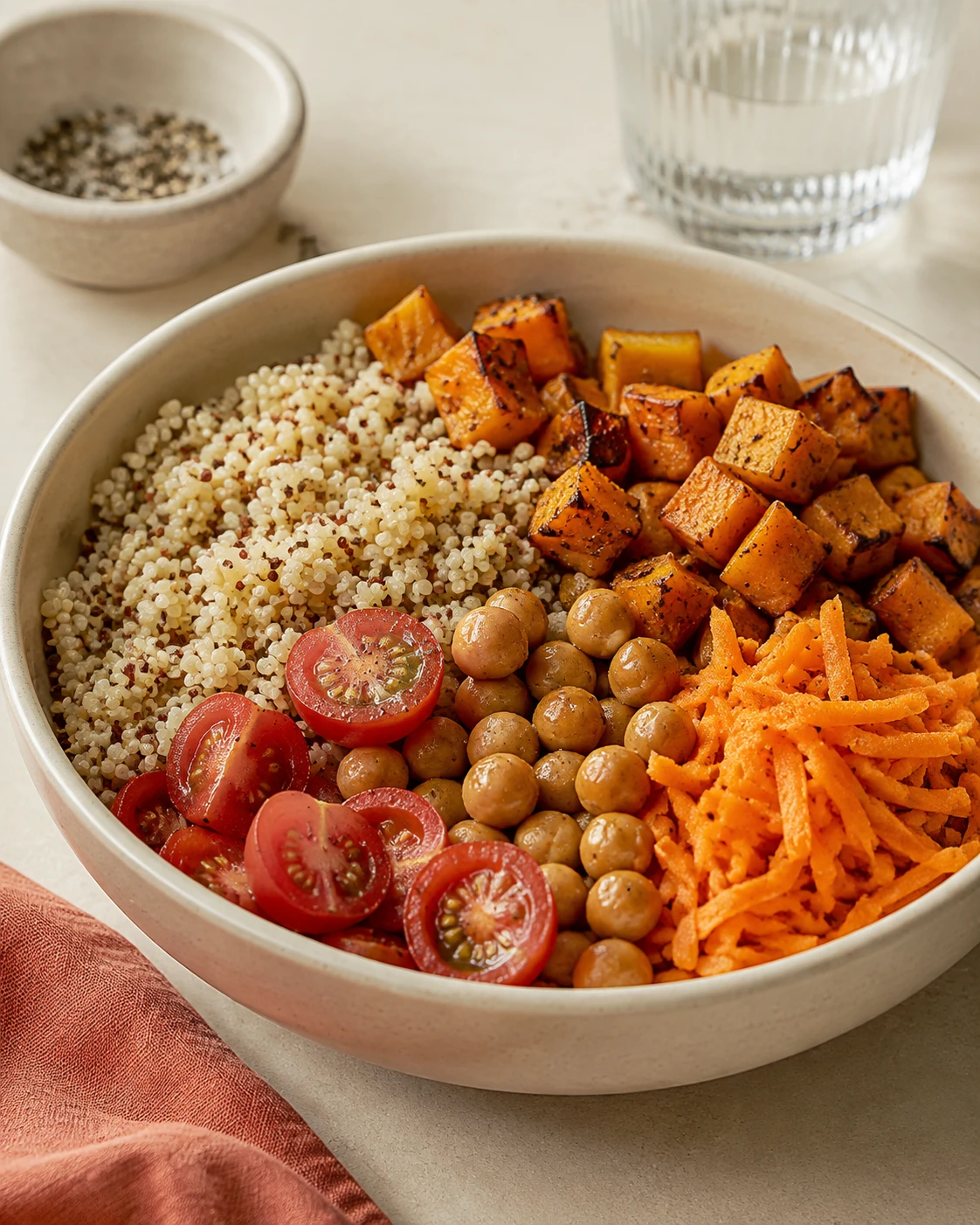 Ensalada de quinoa, calabaza asada, garbanzos, cherry y zanahoria