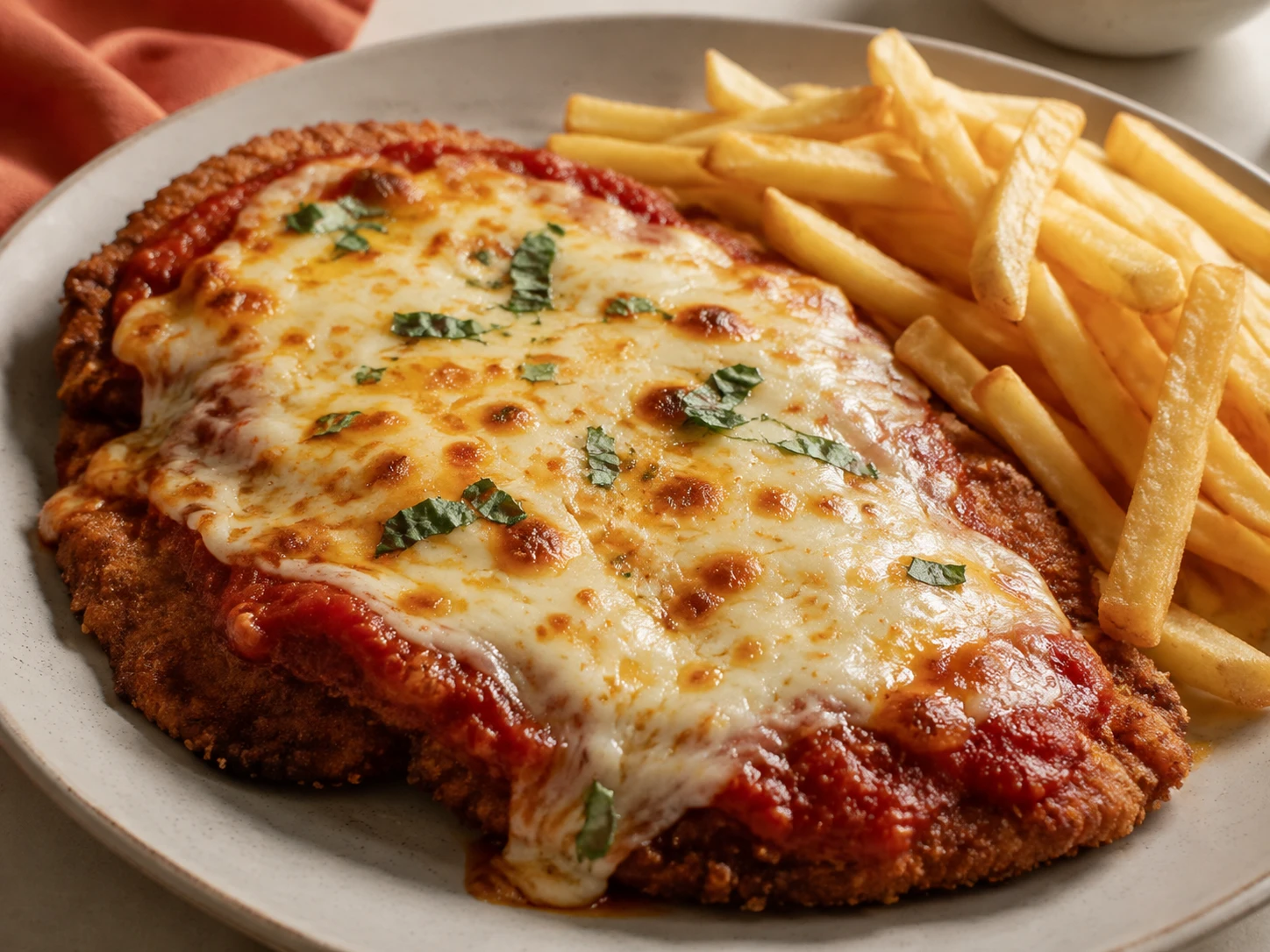 Milanesa napolitana con papas fritas, plato del menú de septiembre